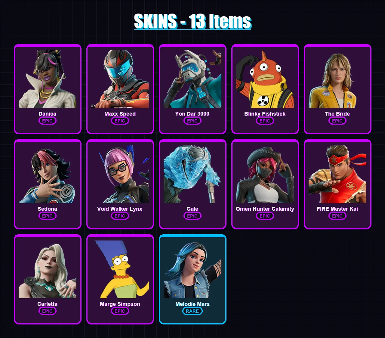 [PC/PSN] | Danica | Maxx Speed | Yon Dar 3000 | Blinky Fishstick | The Bride | 13 skin | 16 pickaxe | 7 emote | 9 glider | Lv55 — Fortnite account