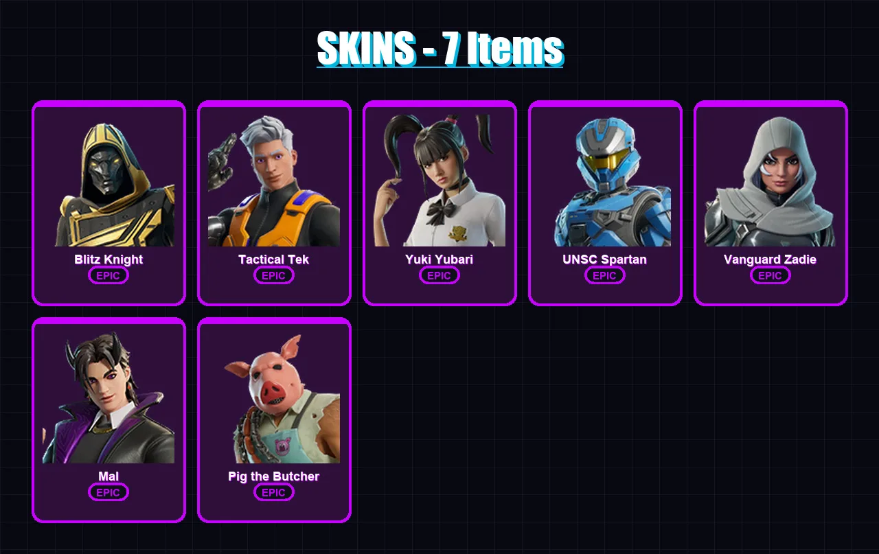 [PC/XBOX/PSN] | Blitz Knight | Tactical Tek | Yuki Yubari | UNSC Spartan | Vanguard Zadie | 7 skin | 62 pickaxe | 28 emote | 40 glider | Lv799
