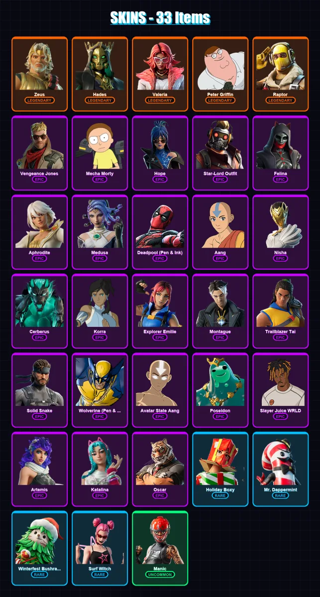 [PS4/PS5/XBOX/PC] | Zeus | Hades | Valeria | Peter Griffin | Raptor | 33 skin | 53 pickaxe | 45 emote | 39 glider | Lv685