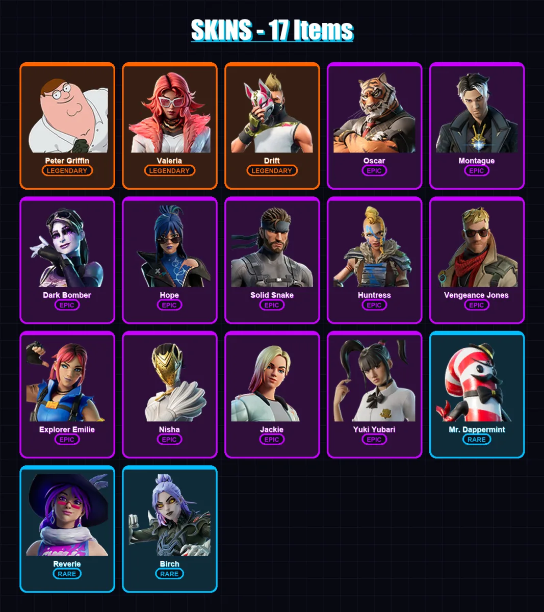 [PC/XBOX/PSN] | Peter Griffin | Valeria | Drift | Oscar | Montague | 17 skin | 17 pickaxe | 21 emote | 19 glider | Lv228