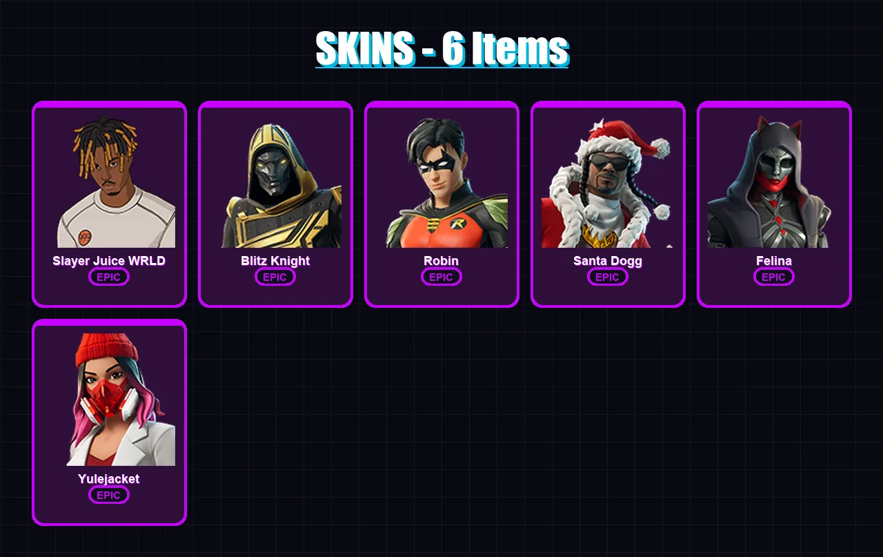 [PC/XBOX/PSN] | Slayer Juice WRLD | Blitz Knight | Robin | Santa Dogg | Felina | 6 skin | 49 pickaxe | 21 emote | 33 glider | Lv558