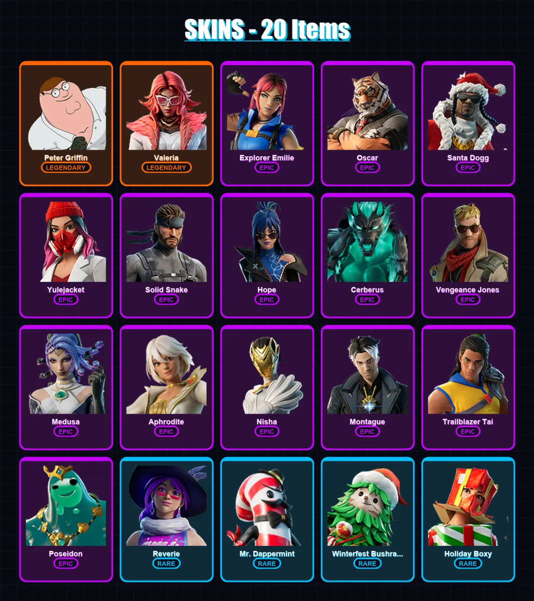 [PC/PSN] | Peter Griffin | Valeria | Explorer Emilie | Oscar | Santa Dogg | 20 skin | 27 pickaxe | 24 emote | 18 glider | Lv322