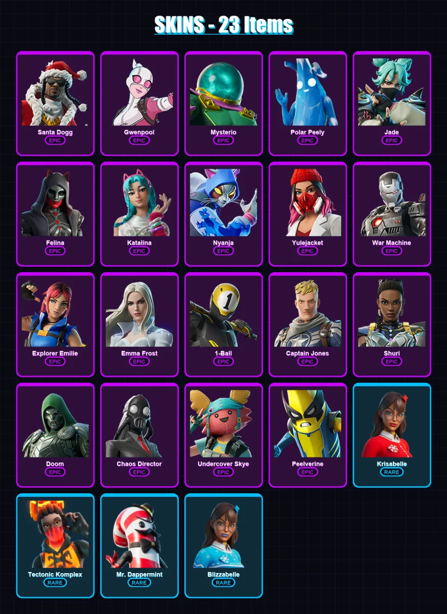 [PC/PSN] | Santa Dogg | Gwenpool | Mysterio | Polar Peely | Jade | 23 skin | 55 pickaxe | 37 emote | 41 glider | Lv764
