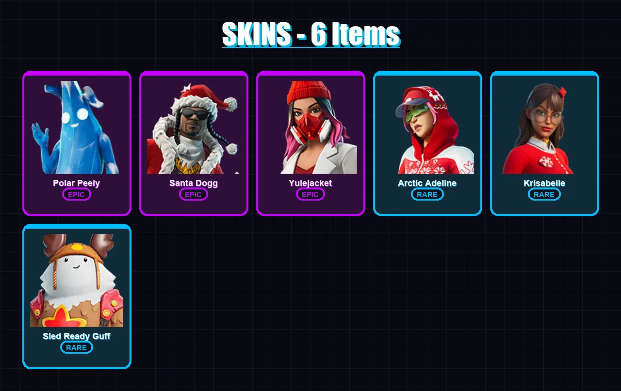[PC/XBOX/PSN] | Polar Peely | Santa Dogg | Yulejacket | Arctic Adeline | Krisabelle | 6 skin | 8 pickaxe | 3 emote | 7 glider | Lv15