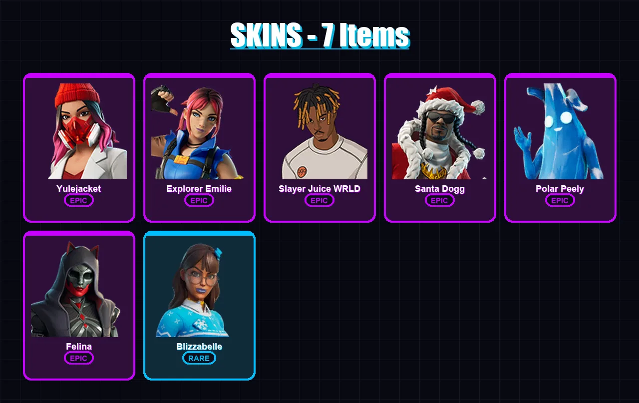 [PC/PSN] | Yulejacket | Explorer Emilie | Slayer Juice WRLD | Santa Dogg | Polar Peely | 7 skin | 39 pickaxe | 11 emote | 25 glider | Lv345