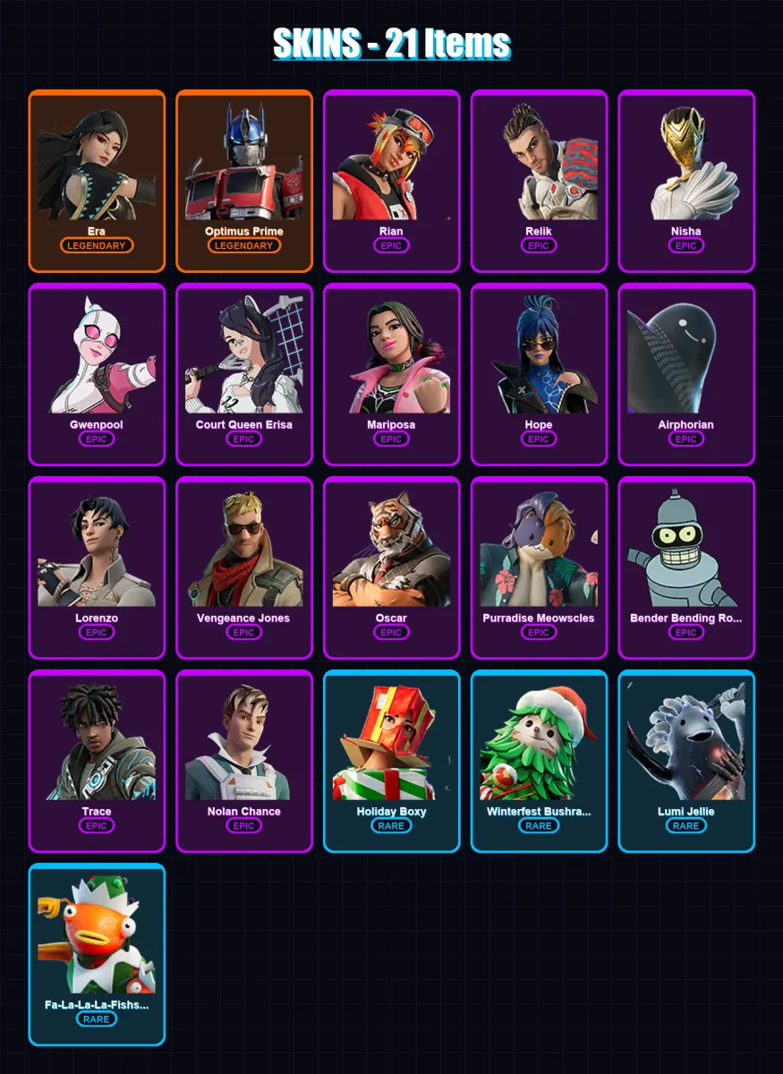 [PC/PSN] | Era | Optimus Prime | Rian | Relik | Nisha | 21 skin | 24 pickaxe | 18 emote | 18 glider | Lv212