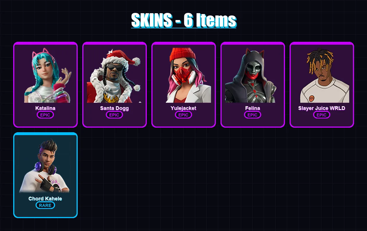 [PC/XBOX] | Katalina | Santa Dogg | Yulejacket | Felina | Slayer Juice WRLD | 6 skin | 43 pickaxe | 21 emote | 32 glider | Lv485