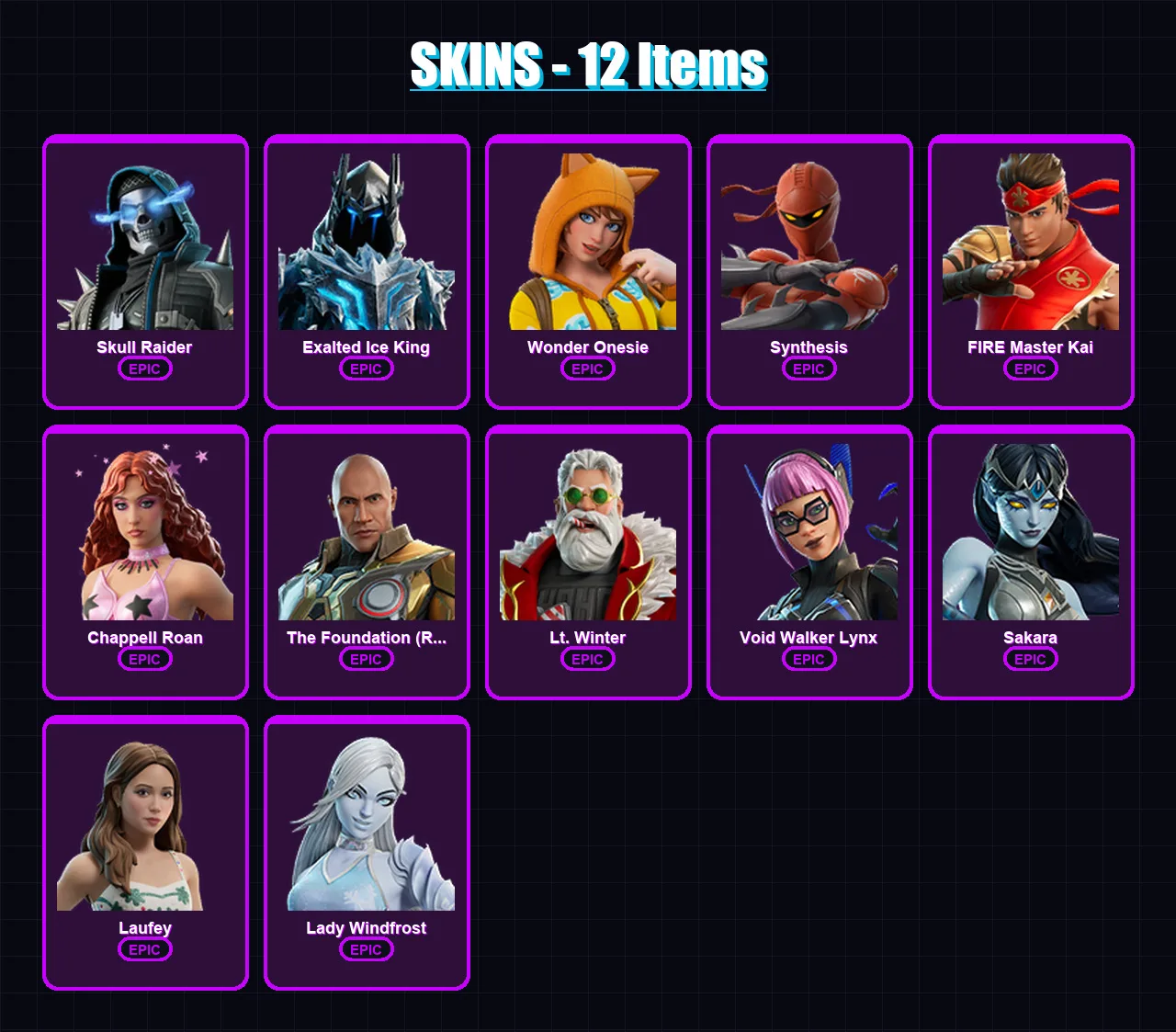 [PC/PSN] | Skull Raider | Exalted Ice King | Wonder Onesie | Synthesis | FIRE Master Kai | 12 skin | 14 pickaxe | 7 emote | 7 glider | Lv37