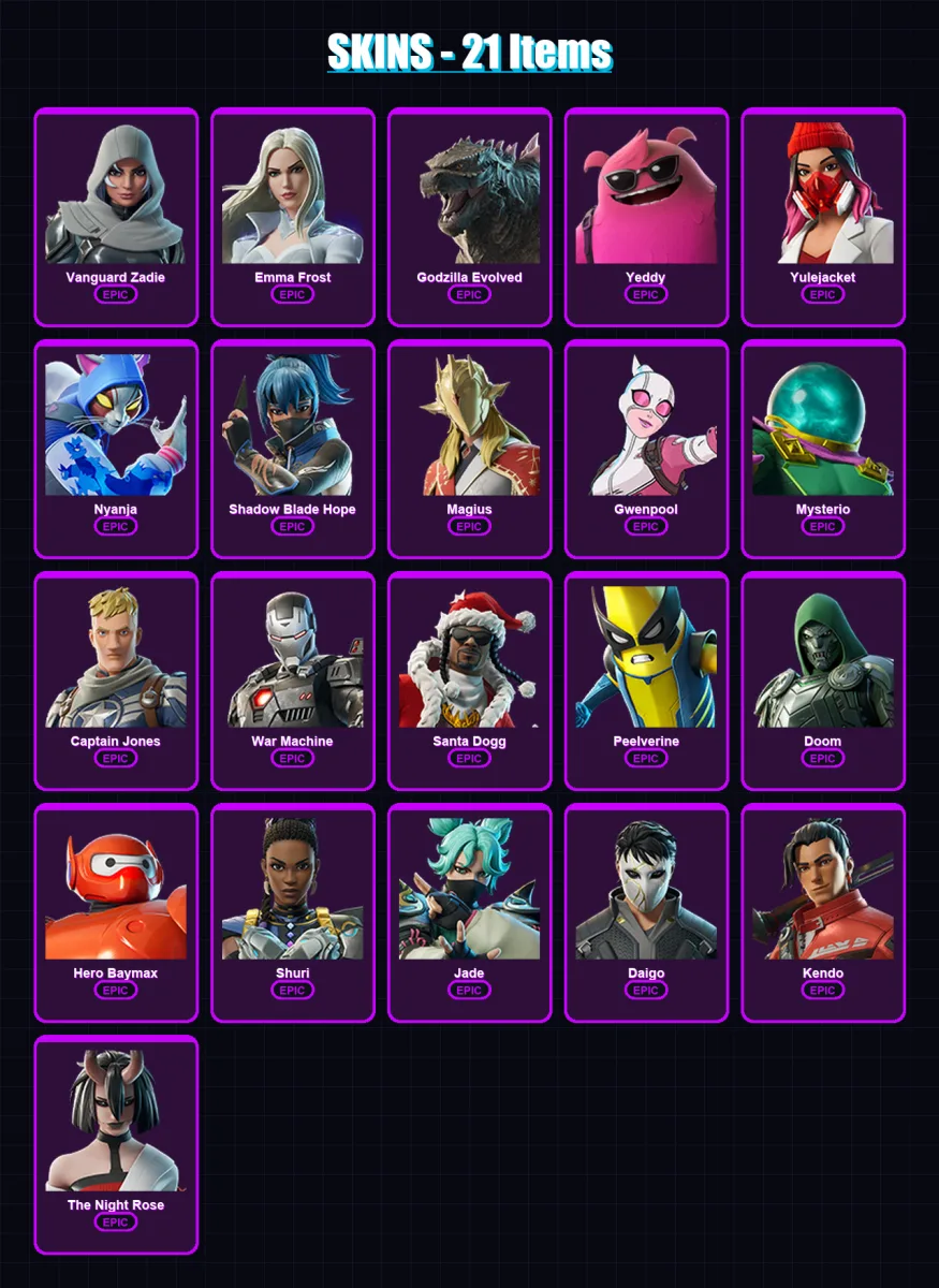 [PC/PSN] | Vanguard Zadie | Emma Frost | Godzilla Evolved | Yeddy | Yulejacket | 21 skin | 53 pickaxe | 30 emote | 35 glider | Lv351