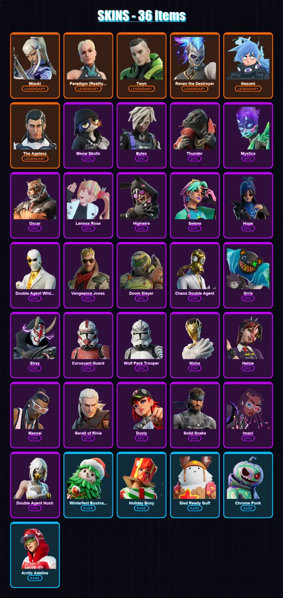 [PS4/PS5/XBOX/PC] | Mizuki | Paradigm (Reality-659) | Twyn | Renzo the Destroyer | Nezumi | 36 skin | 43 pickaxe | 26 emote | 46 glider | Lv481