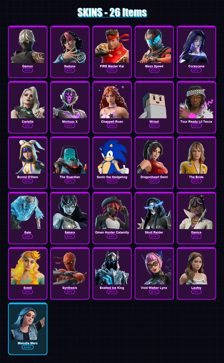 [PC/PSN] | Damon | Sedona | FIRE Master Kai | Maxx Speed | Corascana | 26 skin | 11 pickaxe | 1 emote | 3 glider | Lv12