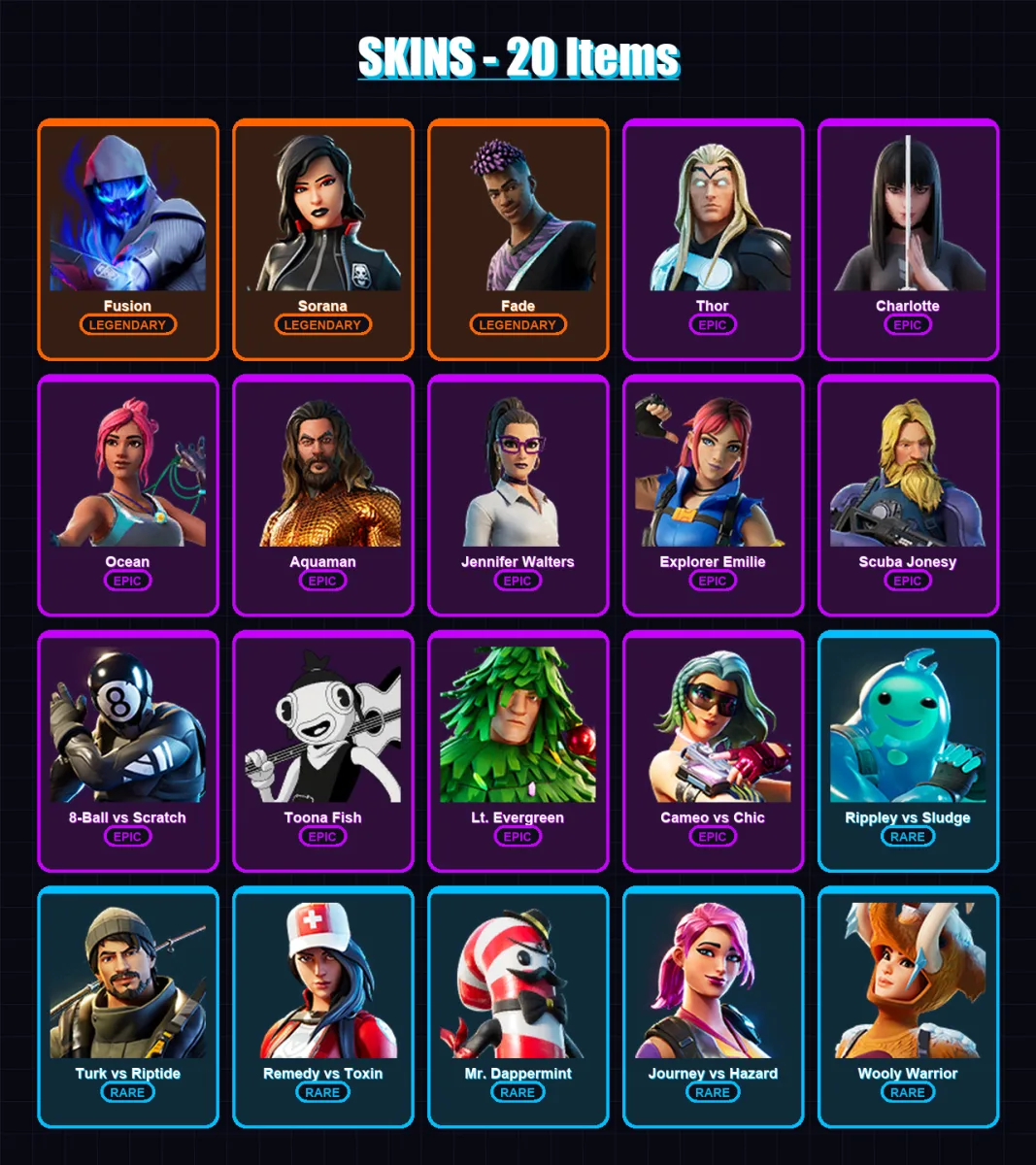 [PC/XBOX/PSN] | Fusion | Sorana | Fade | Thor | Charlotte | 20 skin | 26 pickaxe | 18 emote | 25 glider | Lv406
