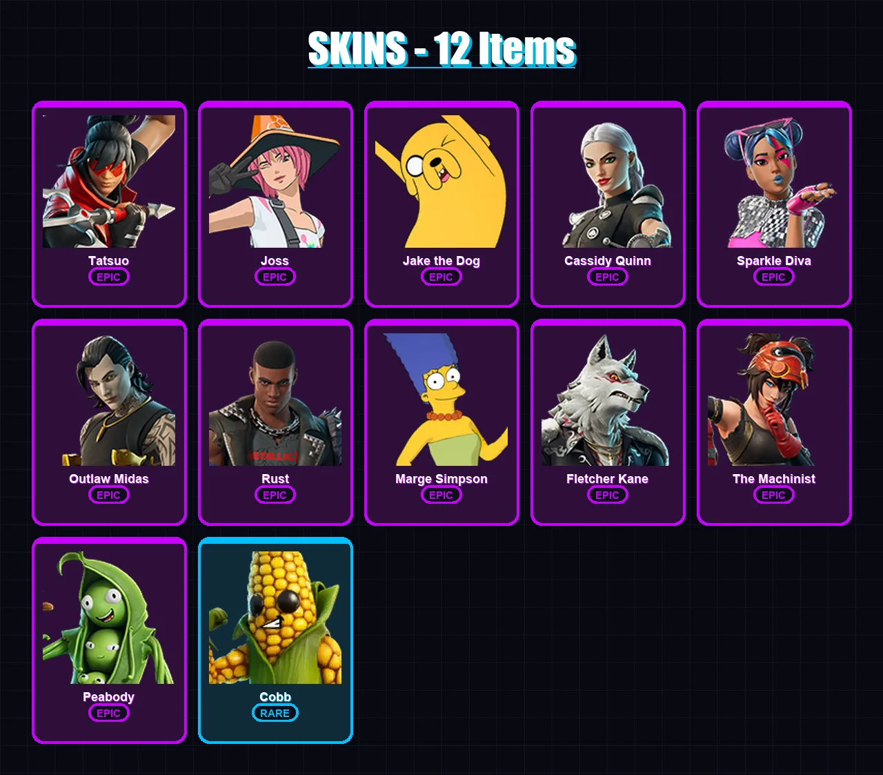 [PC/XBOX/PSN] | Tatsuo | Joss | Jake the Dog | Cassidy Quinn | Sparkle Diva | 12 skin | 30 pickaxe | 17 emote | 22 glider | Lv182