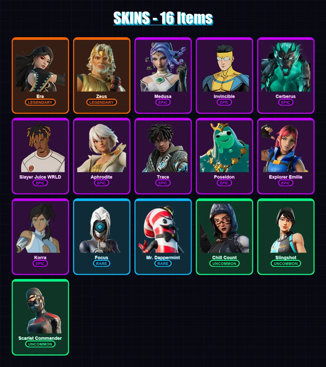 [PS4/PS5/PC] | Era | Zeus | Medusa | Invincible | Cerberus | 16 skin | 29 pickaxe | 19 emote | 23 glider | Lv225