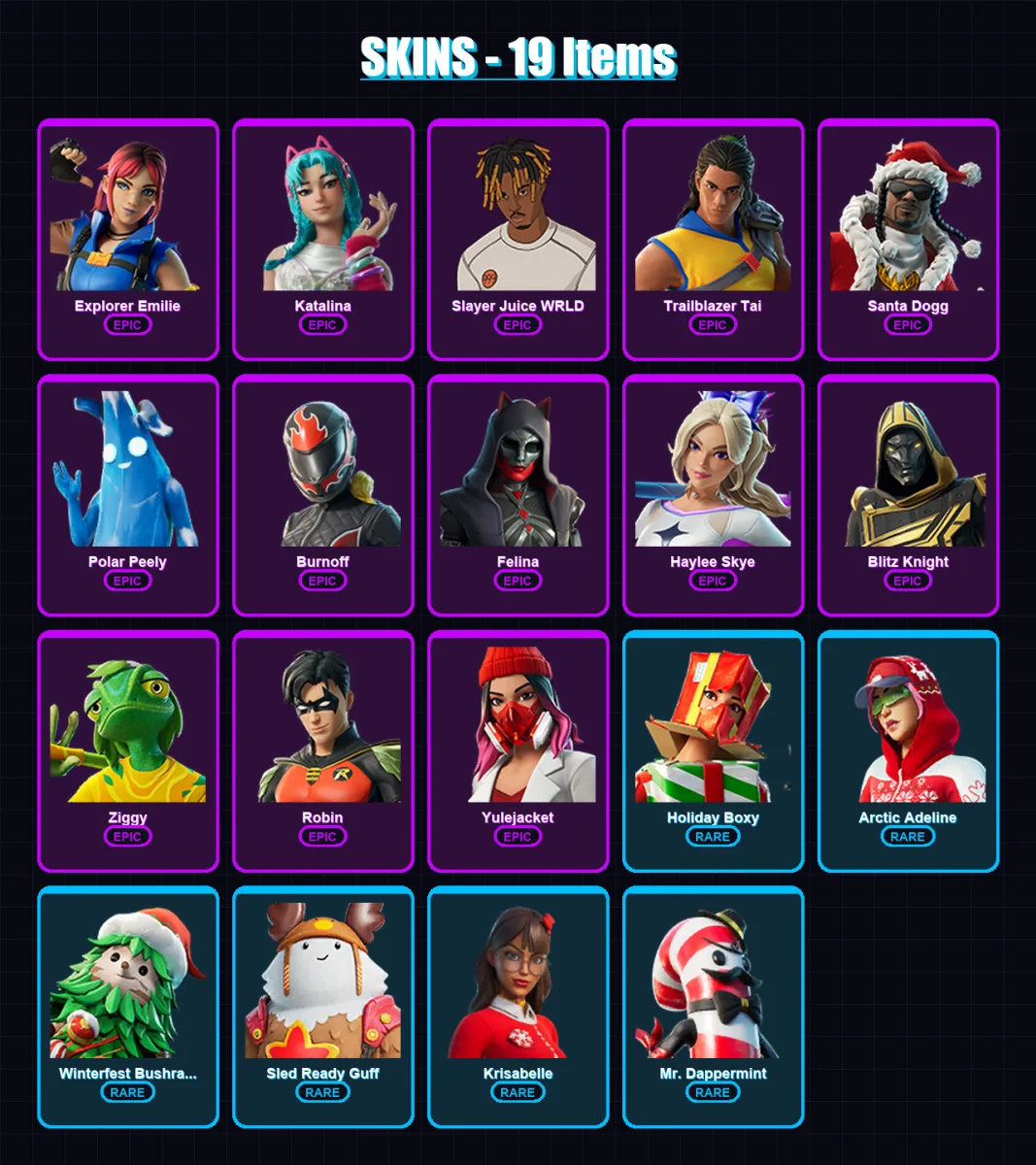 [PC] | Explorer Emilie | Katalina | Slayer Juice WRLD | Trailblazer Tai | Santa Dogg | 19 skin | 48 pickaxe | 25 emote | 41 glider | Lv524