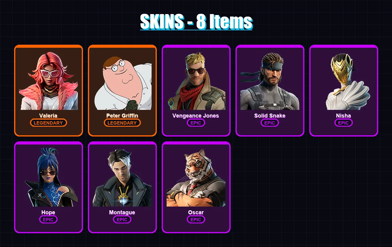 [PC/XBOX/PSN] | Valeria | Peter Griffin | Vengeance Jones | Solid Snake | Nisha | 8 skin | 12 pickaxe | 12 emote | 12 glider | Lv152