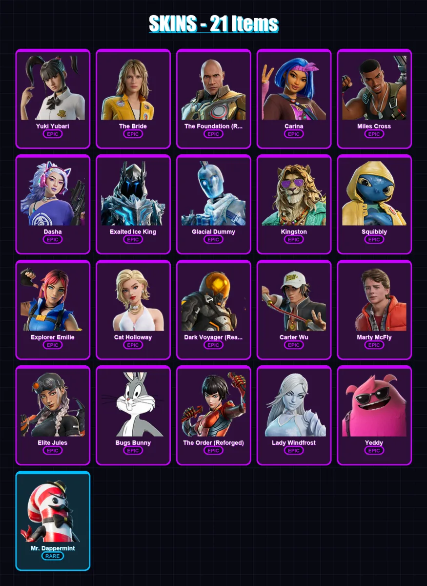 [PC] | Yuki Yubari | The Bride | The Foundation (Reforged) | Carina | Miles Cross | 21 skin | 35 pickaxe | 21 emote | 26 glider | Lv303