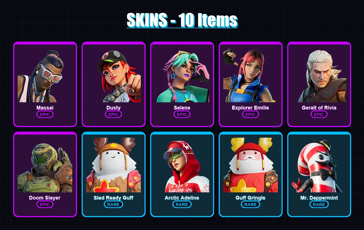 [PC/XBOX/PSN] | Massai | Dusty | Selene | Explorer Emilie | Geralt of Rivia | 10 skin | 9 pickaxe | 11 emote | 11 glider | Lv71