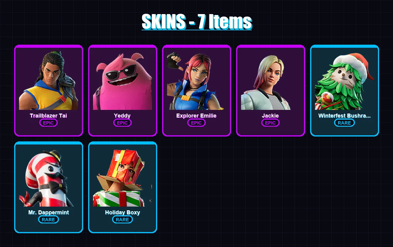 [PC/XBOX] | Trailblazer Tai | Yeddy | Explorer Emilie | Jackie | Winterfest Bushranger | 7 skin | 8 pickaxe | 6 emote | 10 glider | Lv197