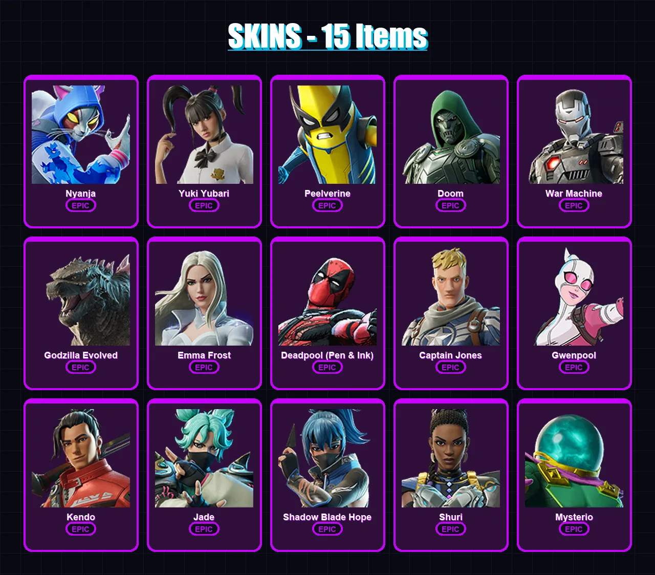 [PC/XBOX/PSN] | Nyanja | Yuki Yubari | Peelverine | Doom | War Machine | 15 skin | 33 pickaxe | 27 emote | 26 glider | Lv338