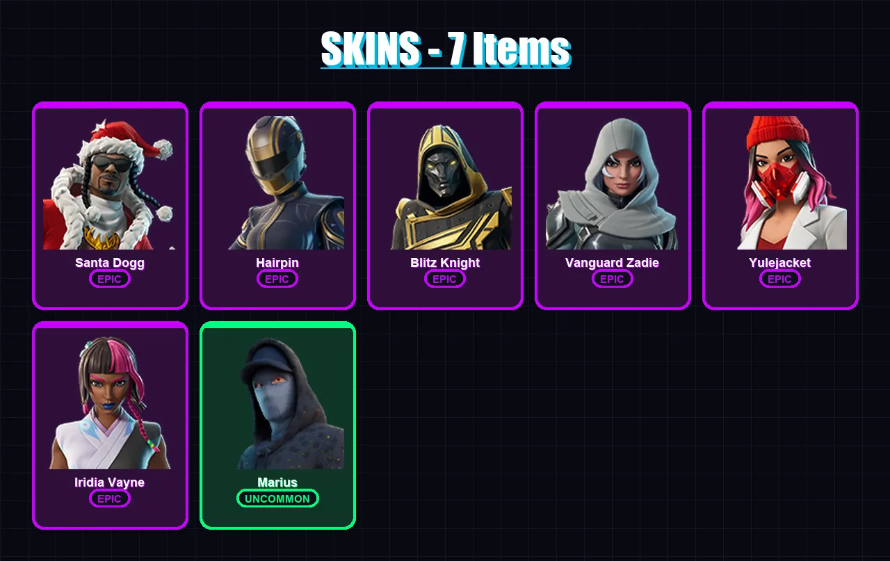 [PC/PSN] | Santa Dogg | Hairpin | Blitz Knight | Vanguard Zadie | Yulejacket | 7 skin | 55 pickaxe | 21 emote | 35 glider | Lv775