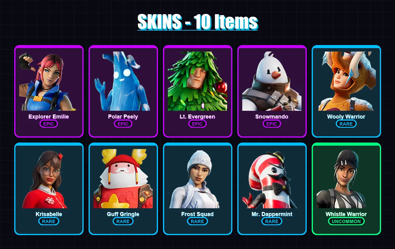 [PC/PSN] | Explorer Emilie | Polar Peely | Lt. Evergreen | Snowmando | Wooly Warrior | 10 skin | 31 pickaxe | 31 emote | 37 glider | Lv836