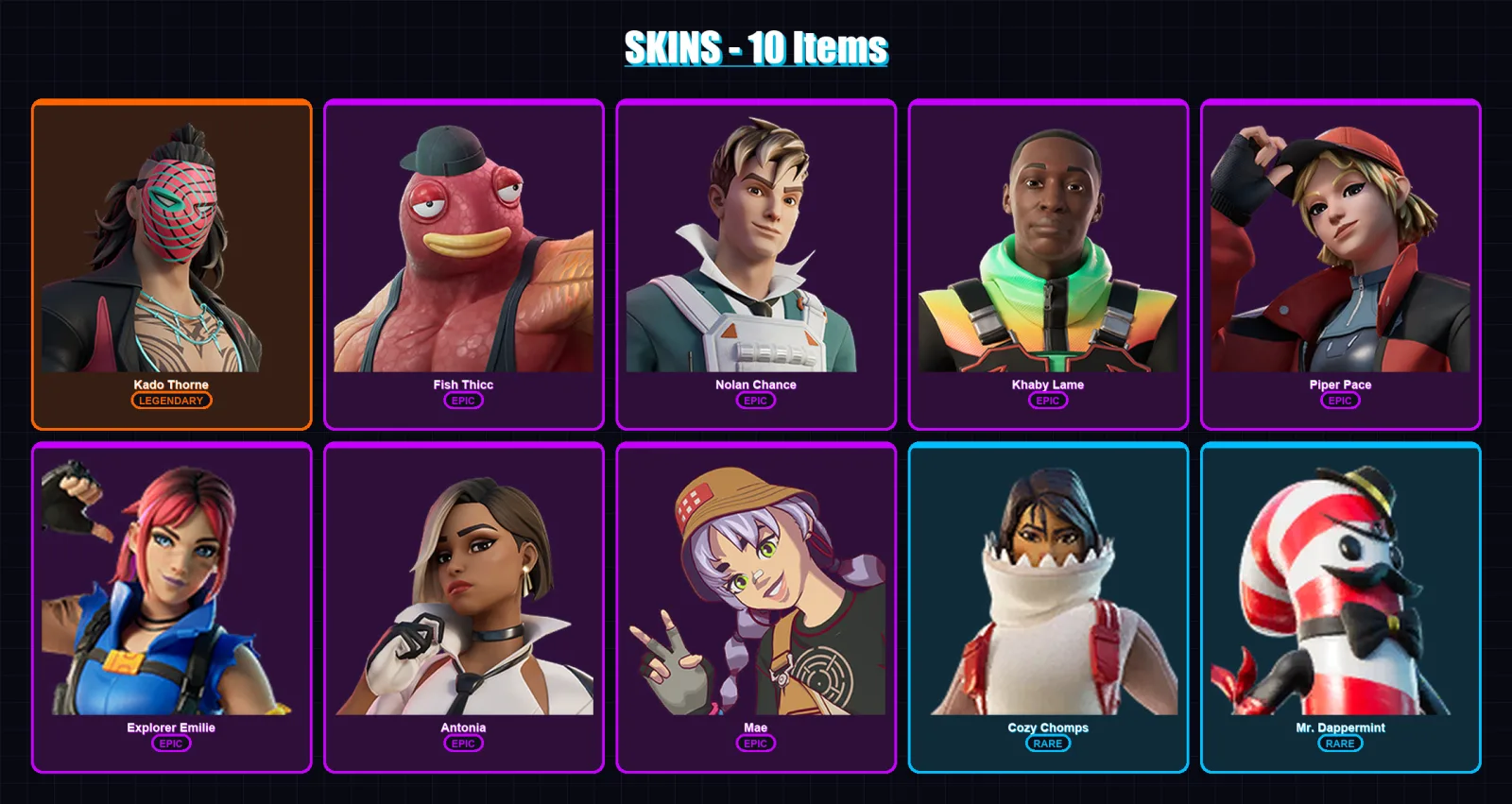 [PC/XBOX/PSN] | Kado Thorne | Fish Thicc | Nolan Chance | Khaby Lame | Piper Pace | 10 skin | 11 pickaxe | 10 emote | 11 glider | Lv132