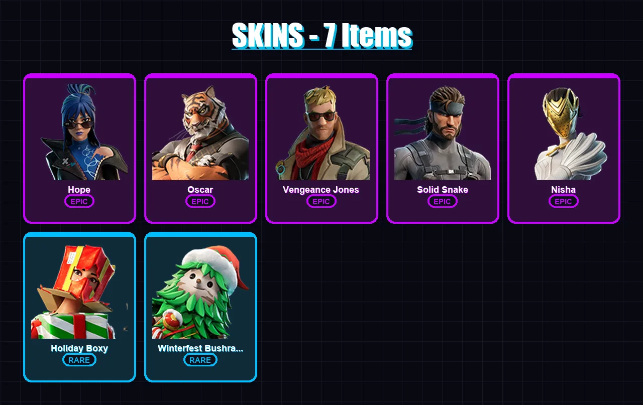 [PC/XBOX/PSN] | Hope | Oscar | Vengeance Jones | Solid Snake | Nisha | 7 skin | 7 pickaxe | 6 emote | 10 glider | Lv85