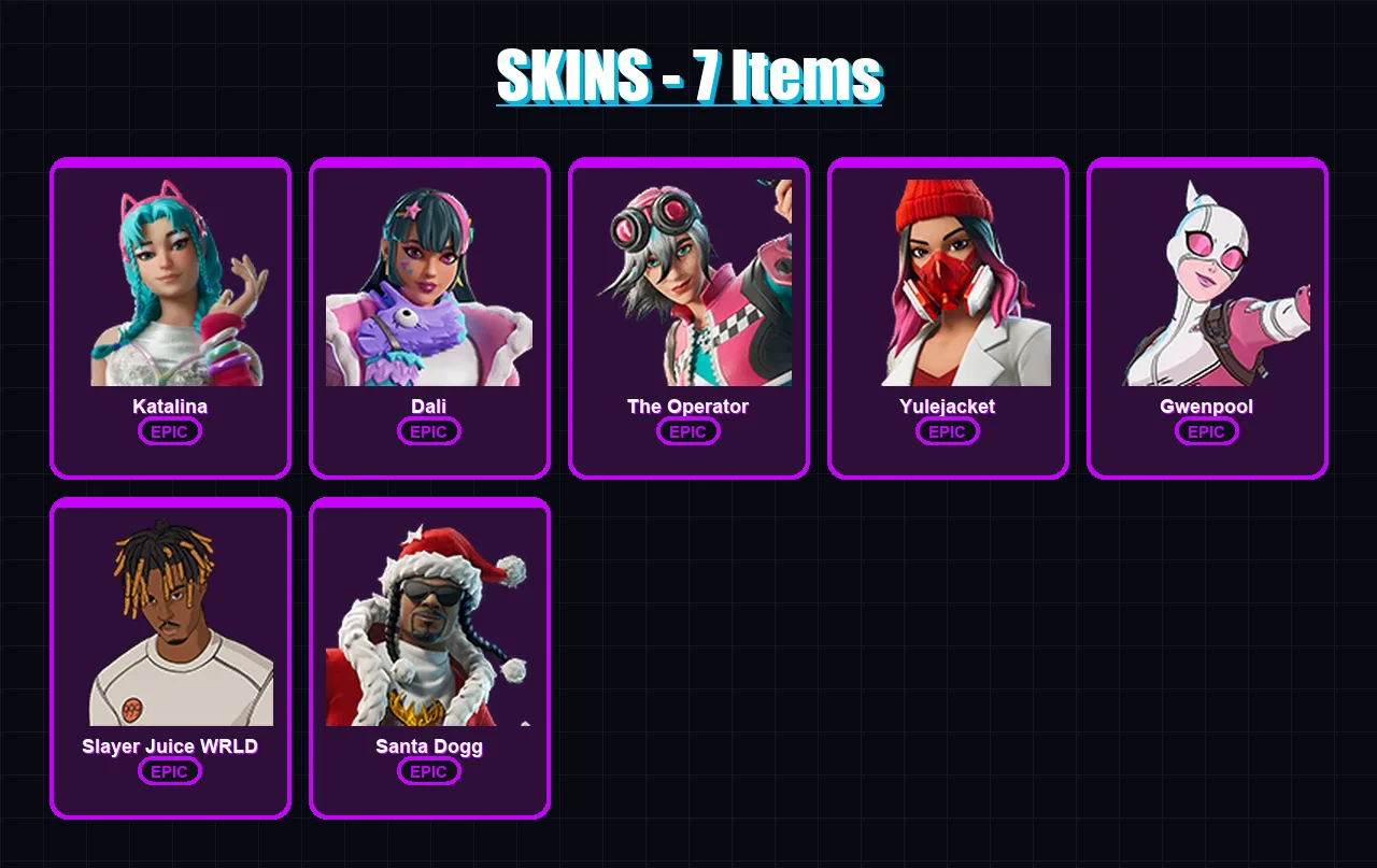 [PC/XBOX/PSN] | Katalina | Dali | The Operator | Yulejacket | Gwenpool | 7 skin | 27 pickaxe | 10 emote | 13 glider | Lv143