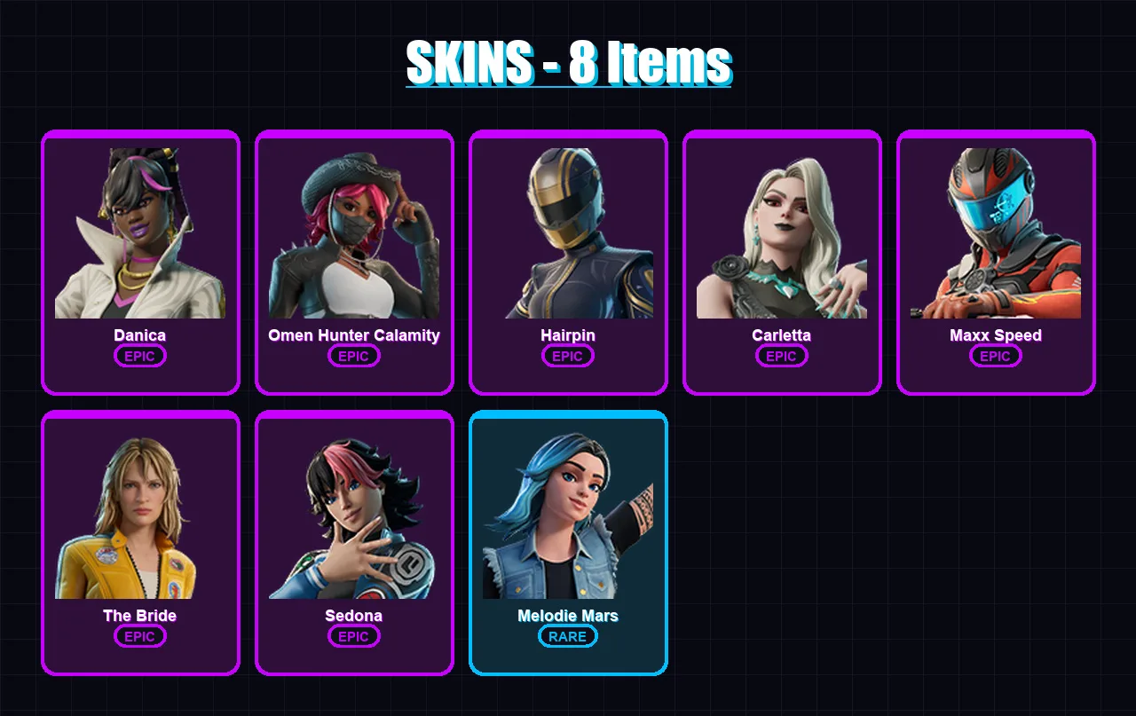 [PC/XBOX] | Danica | Omen Hunter Calamity | Hairpin | Carletta | Maxx Speed | 8 skin | 4 pickaxe | 2 emote | 2 glider | Lv5