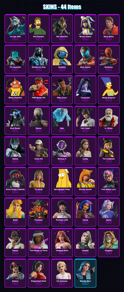 [PC/PSN] | Yon Dar 3000 | Ned Flanders | War Wolf Dire | Bunnii O'Hare | Marty McFly | 44 skin | 52 pickaxe | 30 emote | 25 glider | Lv171