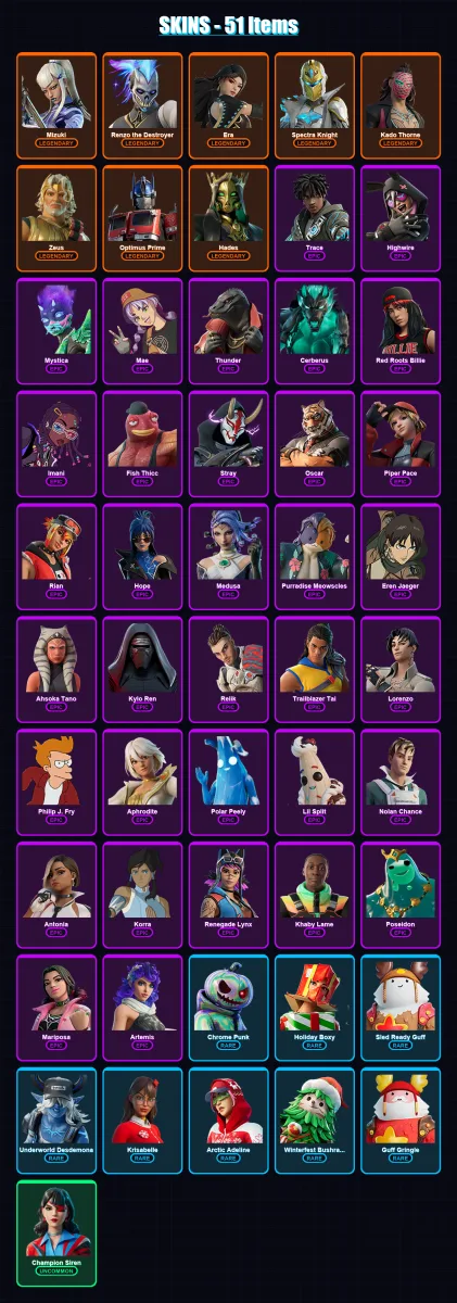 [PS4/PS5/XBOX/PC] | Mizuki | Renzo the Destroyer | Era | Spectra Knight | Kado Thorne | 51 skin | 64 pickaxe | 52 emote | 66 glider | Lv1034