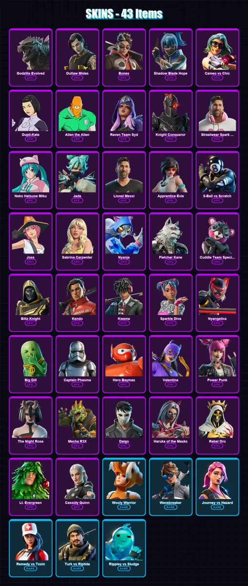 [PC/PSN] | Godzilla Evolved | Outlaw Midas | Bones | Shadow Blade Hope | Cameo vs Chic | 43 skin | 50 pickaxe | 52 emote | 37 glider | Lv430