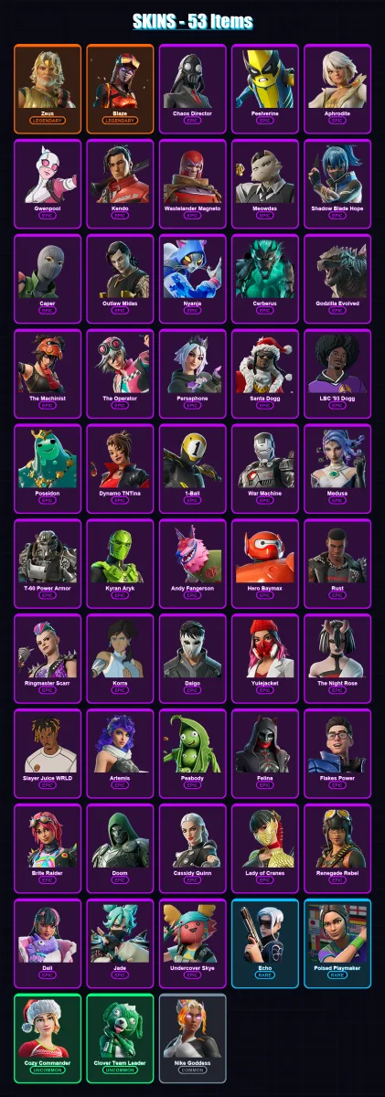 [PC/XBOX/PSN] | Zeus | Blaze | Chaos Director | Peelverine | Aphrodite | 53 skin | 75 pickaxe | 46 emote | 44 glider | Lv564