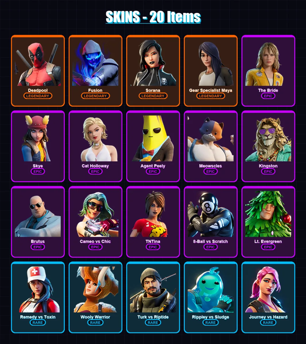 [PS4/PS5/XBOX/PC] | Deadpool | Fusion | Sorana | Gear Specialist Maya | The Bride | 20 skin | 23 pickaxe | 27 emote | 33 glider | Lv556
