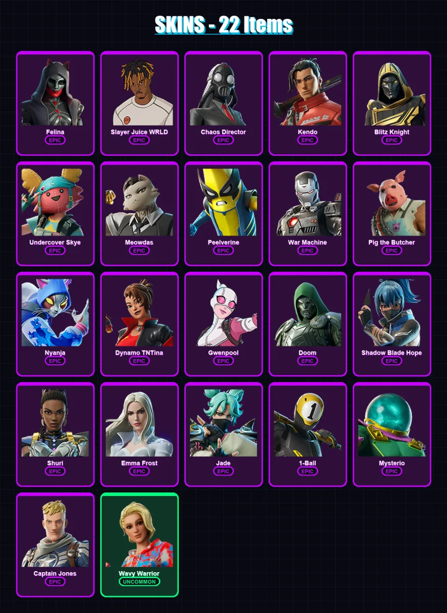 [PC/XBOX] | Felina | Slayer Juice WRLD | Chaos Director | Kendo | Blitz Knight | 22 skin | 52 pickaxe | 34 emote | 39 glider | Lv629
