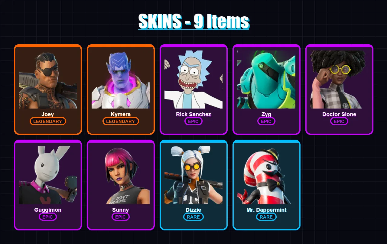 [PC/PSN] | Joey | Kymera | Rick Sanchez | Zyg | Doctor Slone | 9 skin | 10 pickaxe | 11 emote | 10 glider | Lv128