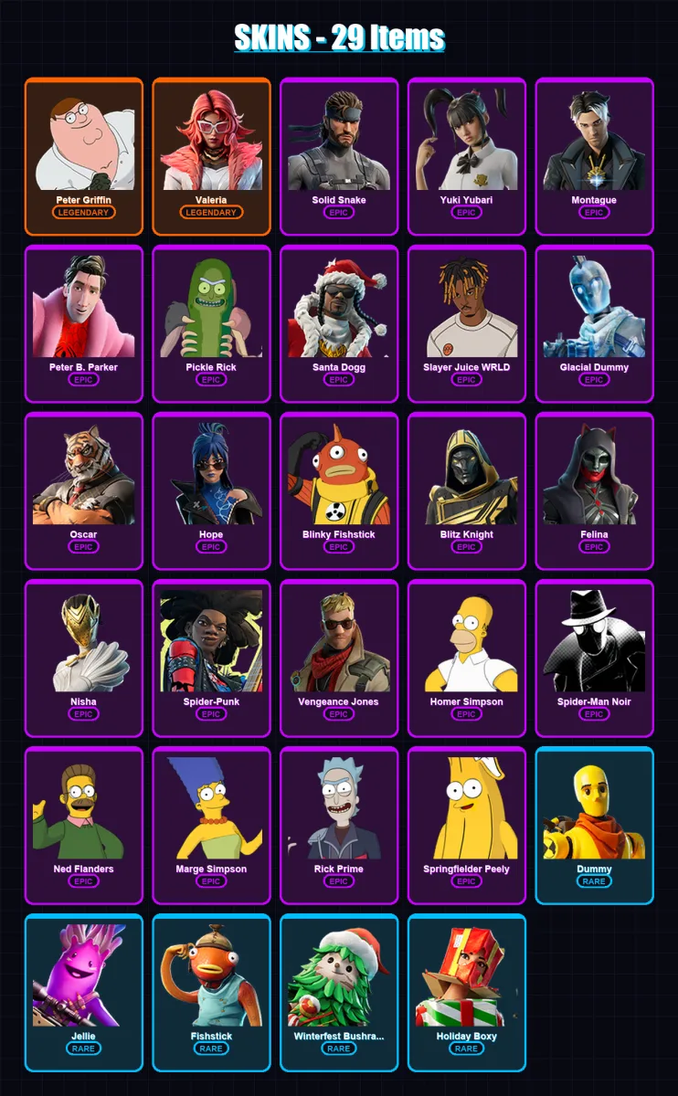 [SWITCH/XBOX/PSN/PC] | Peter Griffin | Valeria | Solid Snake | Yuki Yubari | Montague | 29 skin | 54 pickaxe | 25 emote | 33 glider | Lv409
