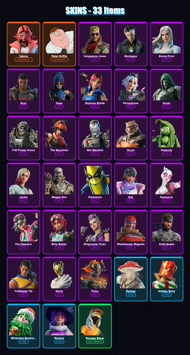 [PC/PSN] | Valeria | Peter Griffin | Vengeance Jones | Montague | Emma Frost | 33 skin | 32 pickaxe | 31 emote | 31 glider | Lv344