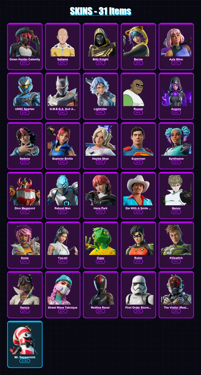 [PC/XBOX/PSN] | Omen Hunter Calamity | Saitama | Blitz Knight | Bernie | Ayla Winn | 31 skin | 34 pickaxe | 27 emote | 17 glider | Lv131 — Fortnite account