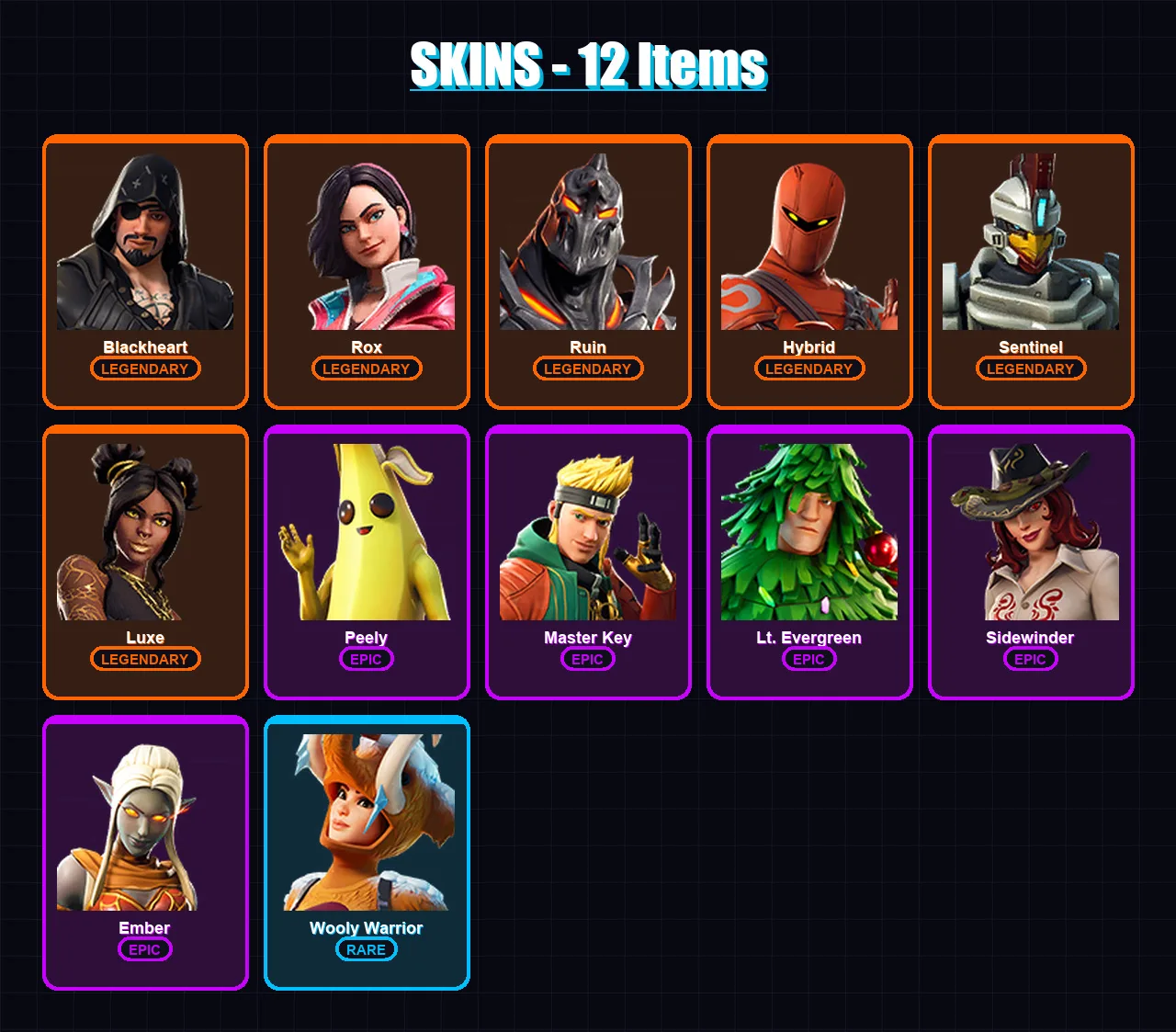 [PC/XBOX/PSN] | Blackheart | Rox | Ruin | Hybrid | Sentinel | 12 skin | 14 pickaxe | 22 emote | 17 glider | Lv184