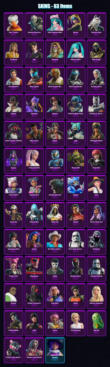[PC/PSN] | Durrr Taisho | General Grievous | Neko Hatsune Miku | Bernie | Fletcher Kane | 63 skin | 77 pickaxe | 68 emote | 48 glider | Lv307