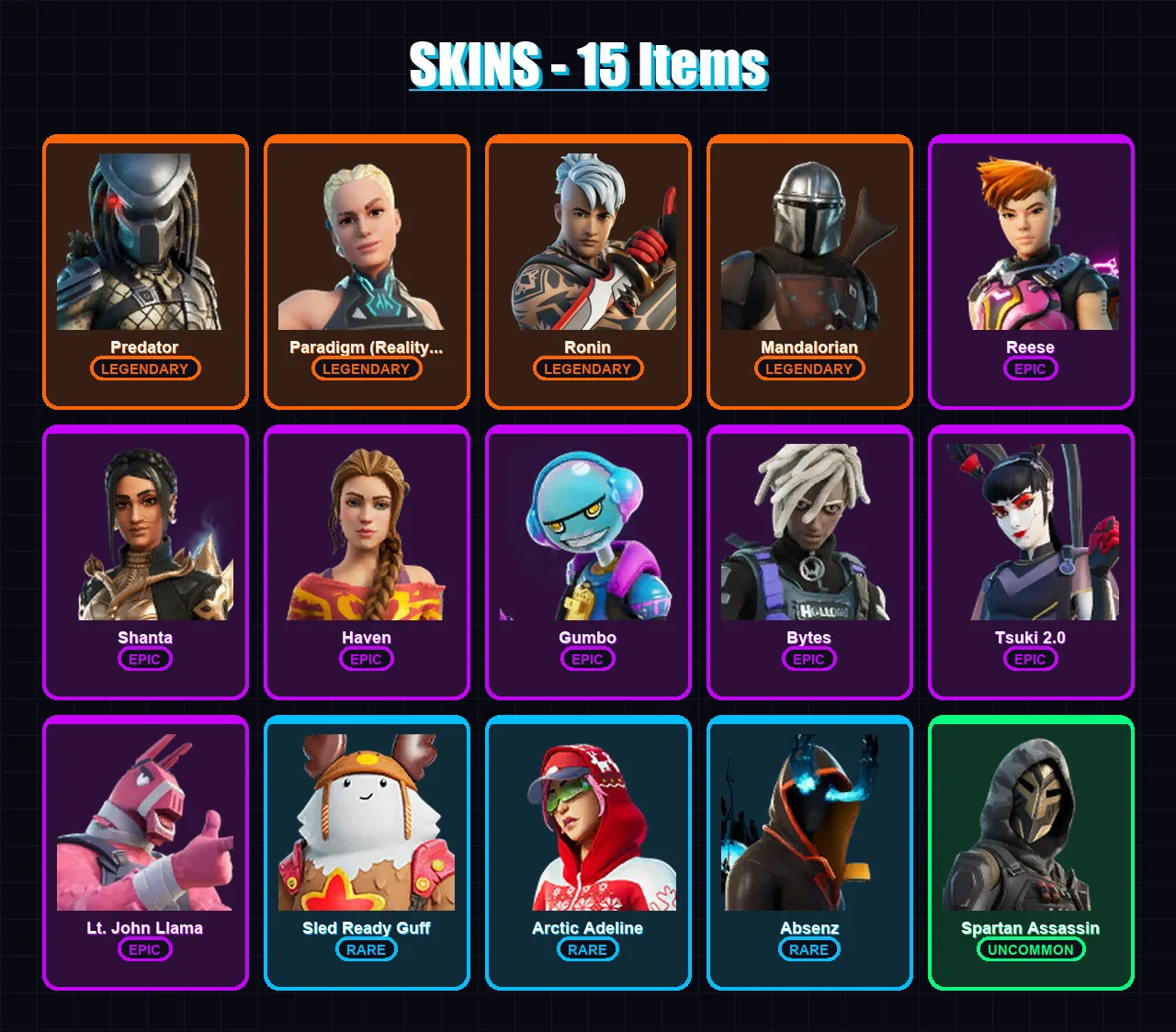 [PC/XBOX/PSN] | Predator | Paradigm (Reality-659) | Ronin | Mandalorian | Reese | 15 skin | 19 pickaxe | 9 emote | 15 glider | Lv157