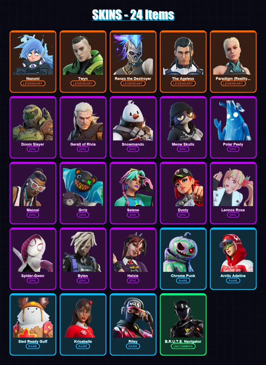 [PS4/PS5/XBOX/PC] | Nezumi | Twyn | Renzo the Destroyer | The Ageless | Paradigm (Reality-659) | 24 skin | 38 pickaxe | 59 emote | 43 glider | Lv920