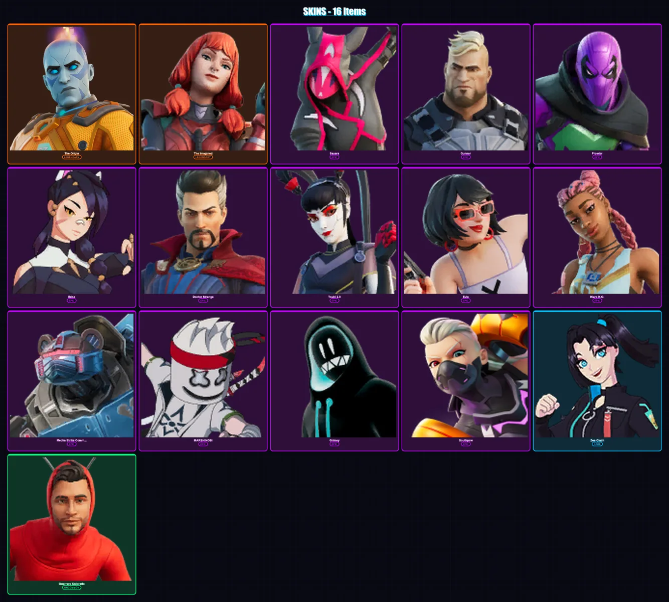 [PC/XBOX/PSN] | The Origin | The Imagined | Sayara | Gunnar | Prowler | 16 skin | 15 pickaxe | 7 emote | 11 glider | Lv112