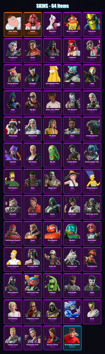 [PS4/PS5/XBOX/PC] | Peter Griffin | Valeria | Gwenpool | Blinky Fishstick | Peelverine | 64 skin | 108 pickaxe | 83 emote | 76 glider | Lv1095