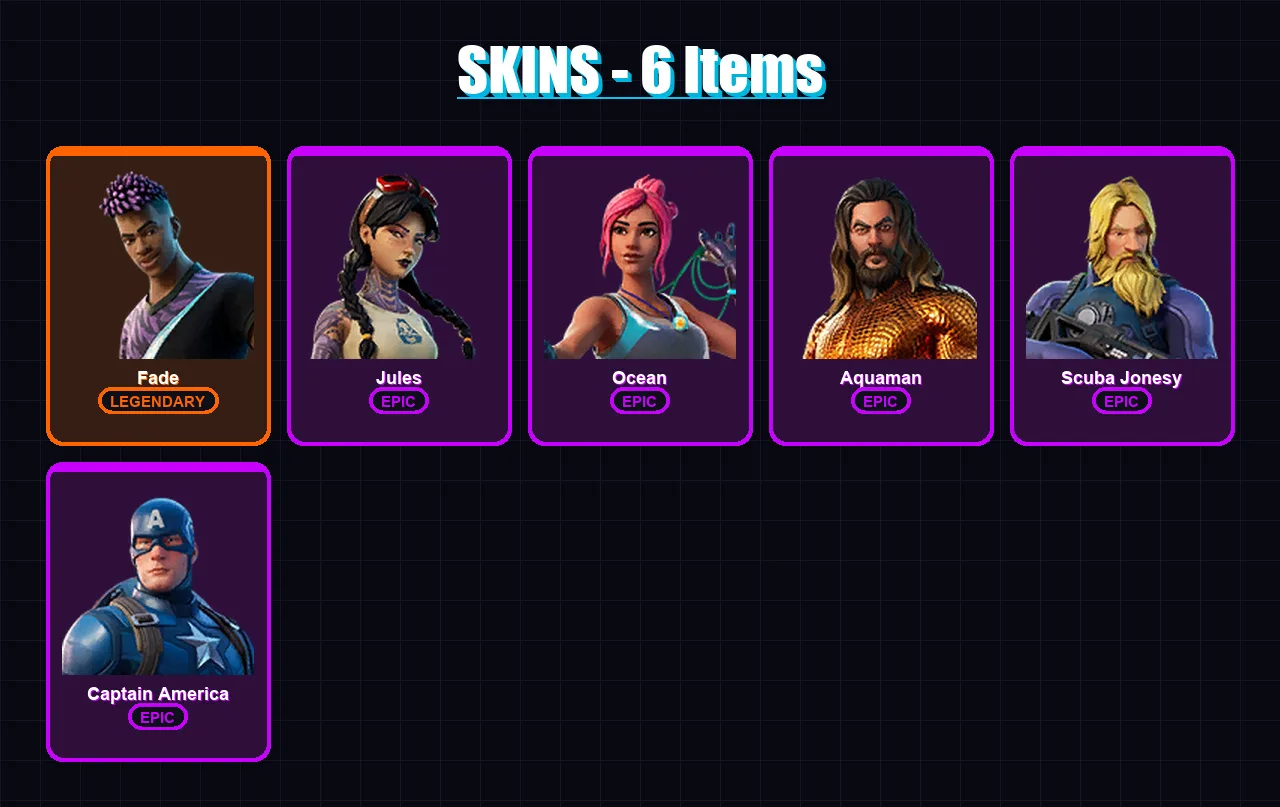 [PC/XBOX/PSN] | Fade | Jules | Ocean | Aquaman | Scuba Jonesy | 6 skin | 8 pickaxe | 7 emote | 9 glider | Lv132