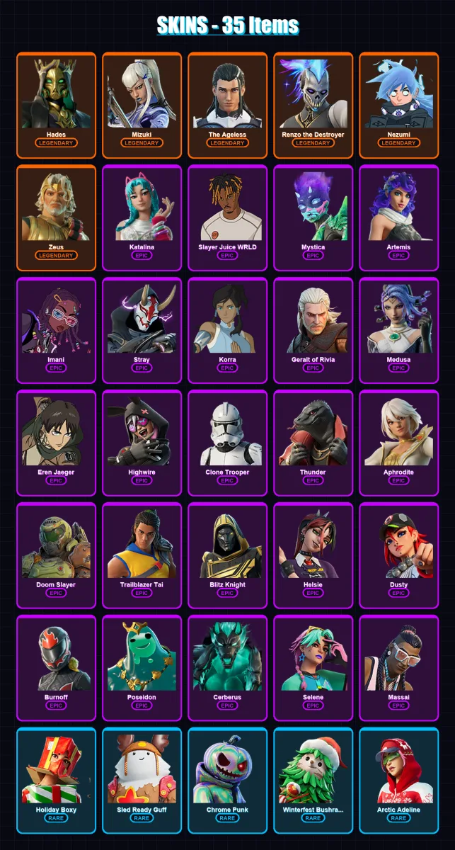 [PC] | Hades | Mizuki | The Ageless | Renzo the Destroyer | Nezumi | 35 skin | 54 pickaxe | 41 emote | 44 glider | Lv550