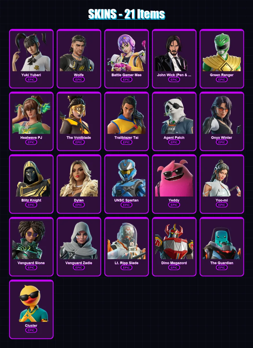 [PC/XBOX/PSN] | Yuki Yubari | Wolfe | Battle Gamer Mae | John Wick (Pen & Ink) | Green Ranger | 21 skin | 73 pickaxe | 38 emote | 50 glider | Lv907