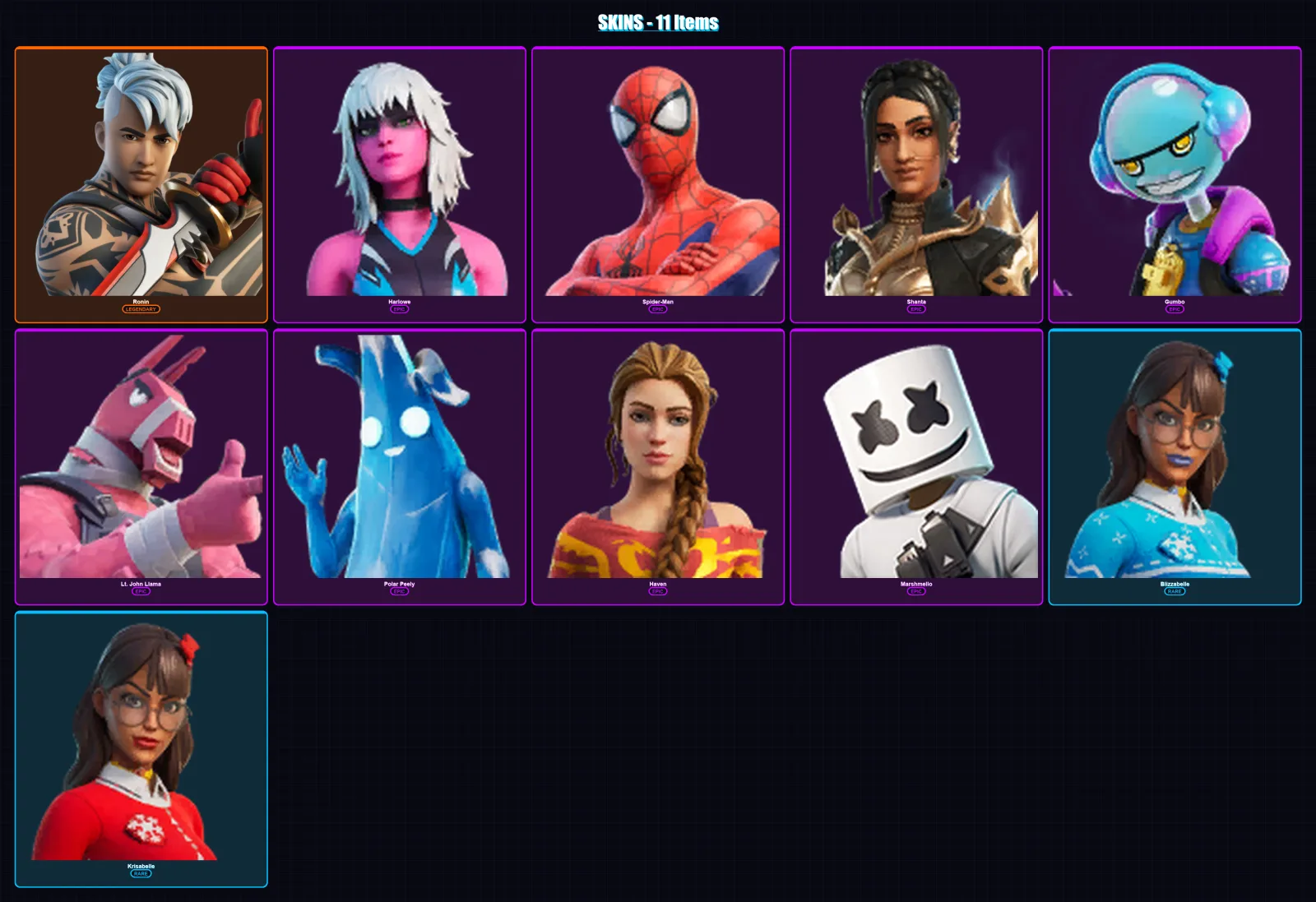 [PC/XBOX/PSN] | Ronin | Harlowe | Spider-Man | Shanta | Gumbo | 11 skin | 14 pickaxe | 15 emote | 12 glider | Lv161